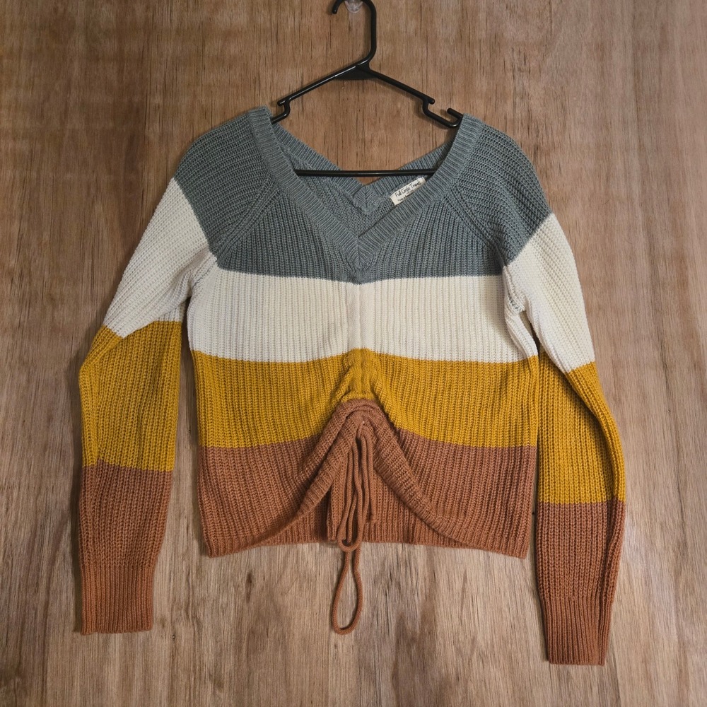 Fall Boho Cottagecore Colorblock Cinched Front V-Neck Knit Sweater Medium